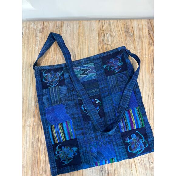 Vintage Guatemalan Embroidered Patchwork Shoulder Bag Tote Blue Boho - Picture 5 of 6